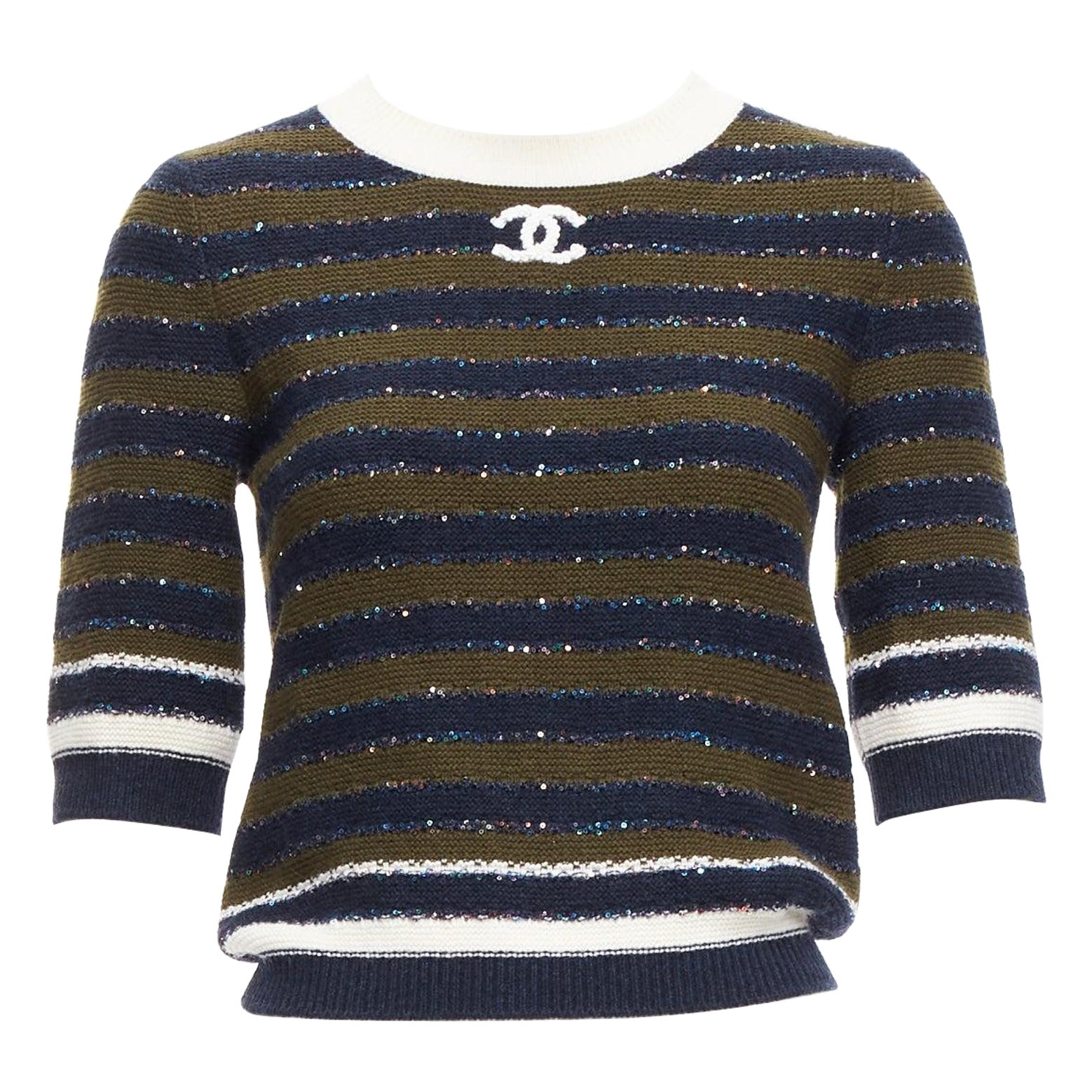 CHANEL 20C navy khaki sequin cashmere blend CC logo stripe crop sweater FR34 XXS For Sale