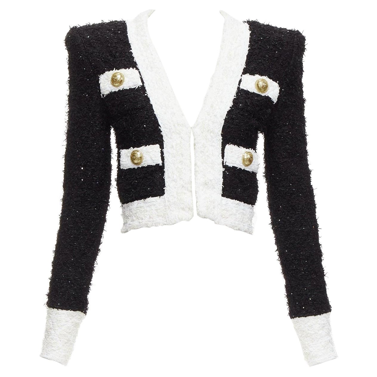 BALMAIN black white metallic tweed 4 pockets cropped blazer jacket FR34 XS For Sale
