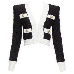 BALMAIN noir blanc tweed métallisé 4 poches veste blazer cropped FR34 XS