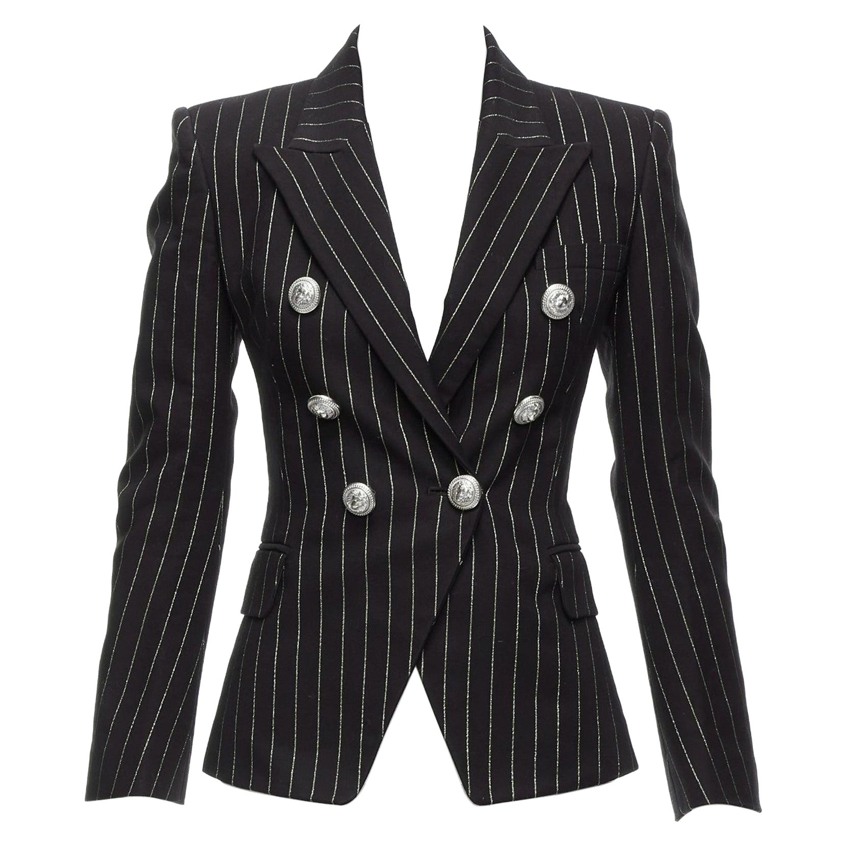 BALMAIN metallic gold striped black cotton blend double breasted blazer FR34 XS For Sale