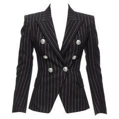 BALMAIN metallic gold striped black cotton blend double breasted blazer FR34 XS