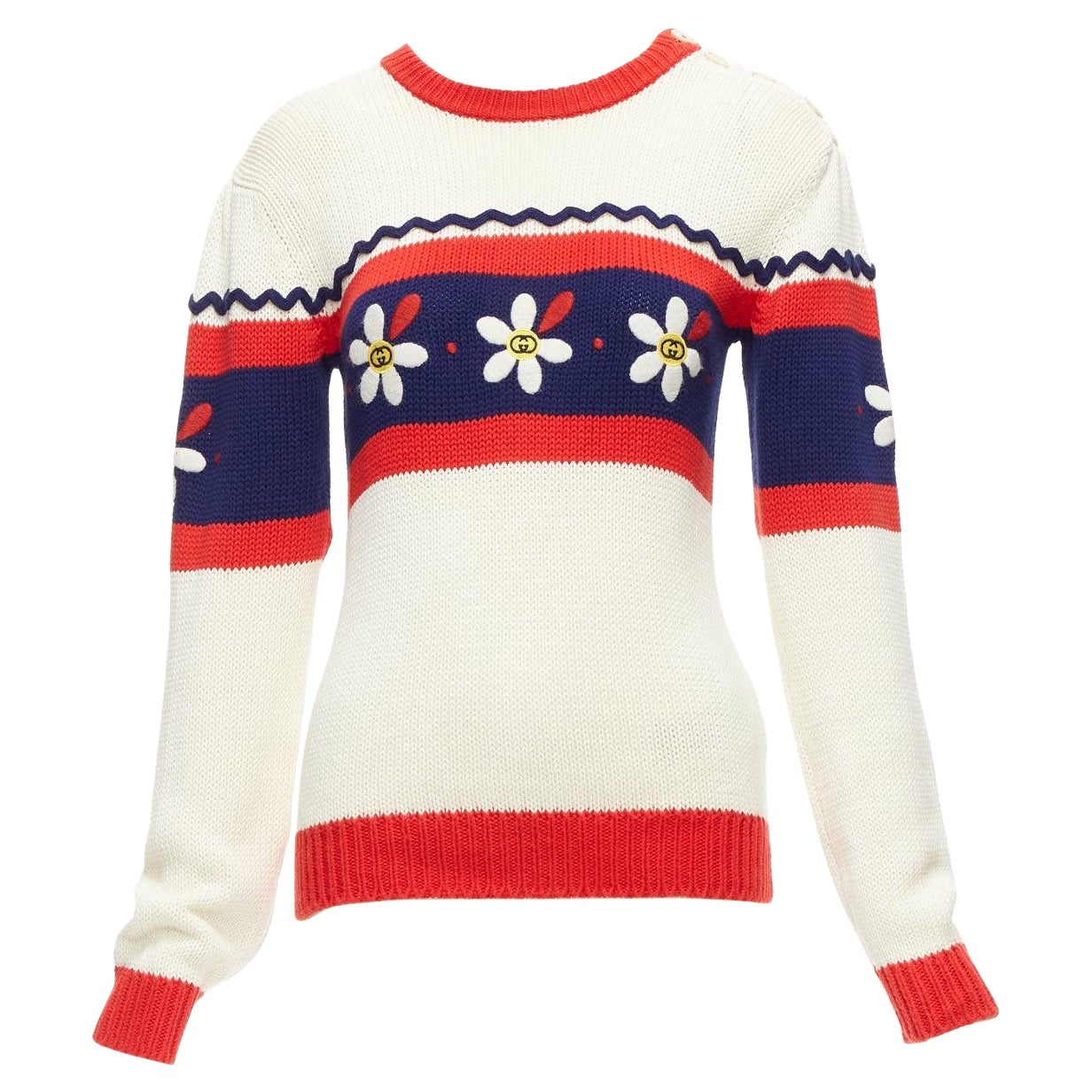 GUCCI Kids cream blue red cotton GG logo daisy bateau sweater I2Y XS For Sale