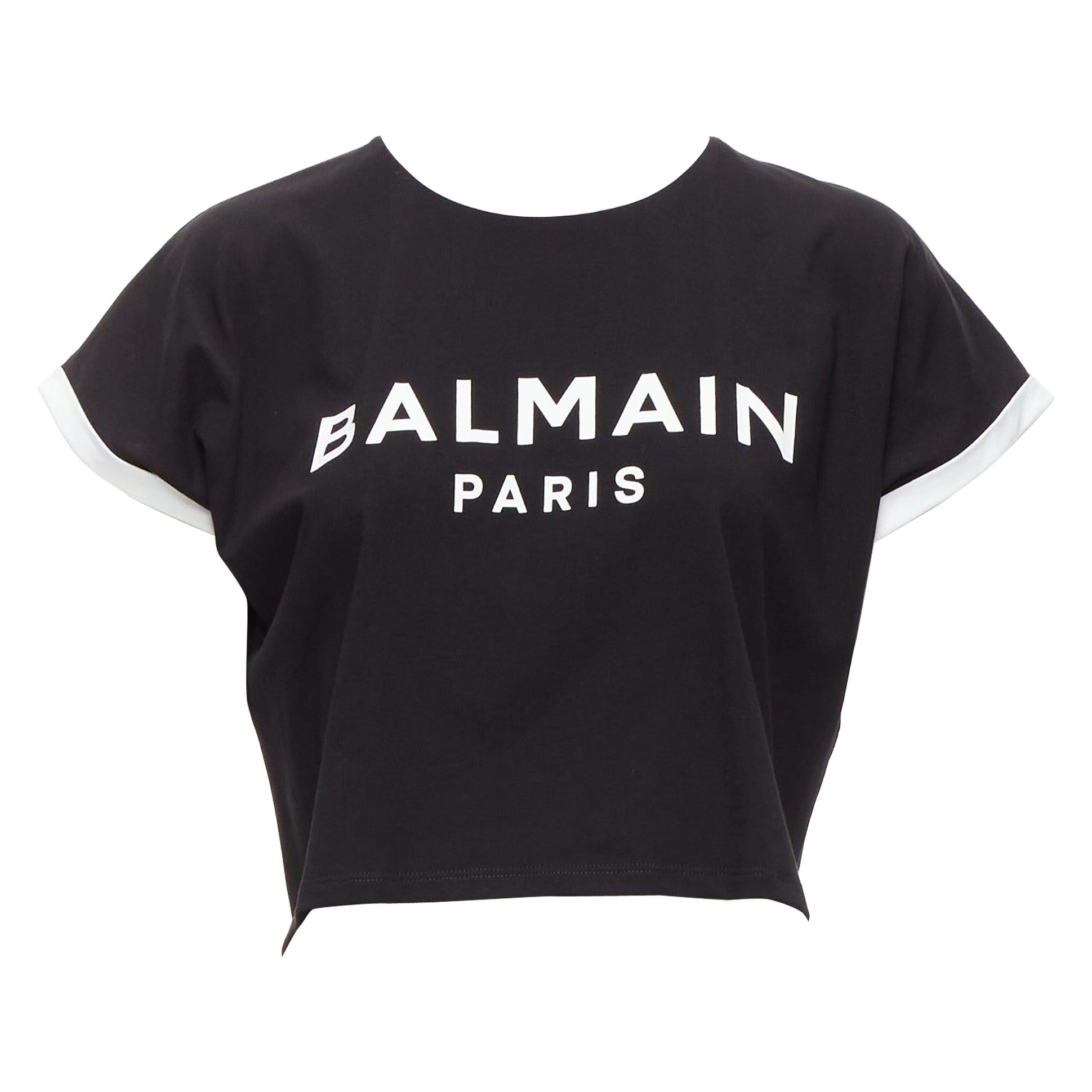 BALMAIN black white logo cap short sleeve ringer cropped tshirt XXS For Sale
