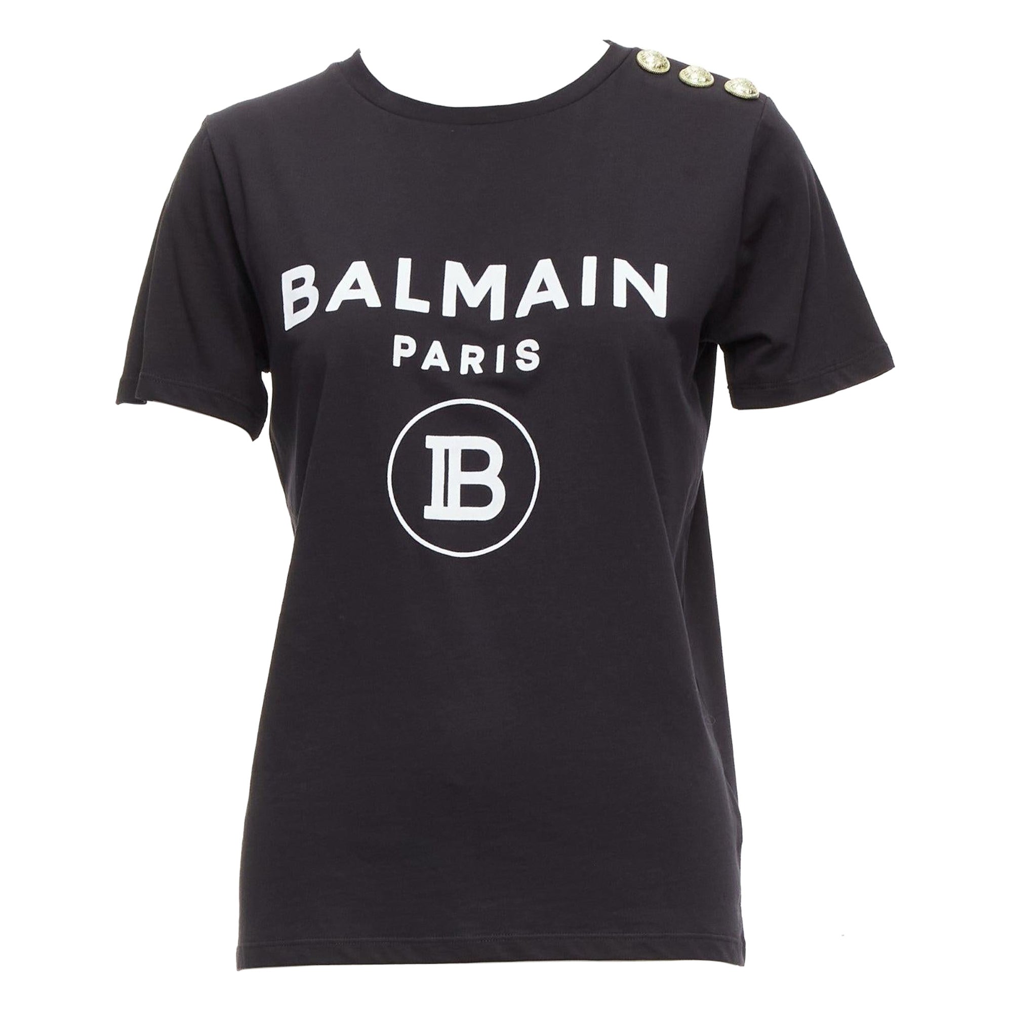 BALMAIN black white B logo gold military buttons tshirt FR34 XXS For Sale