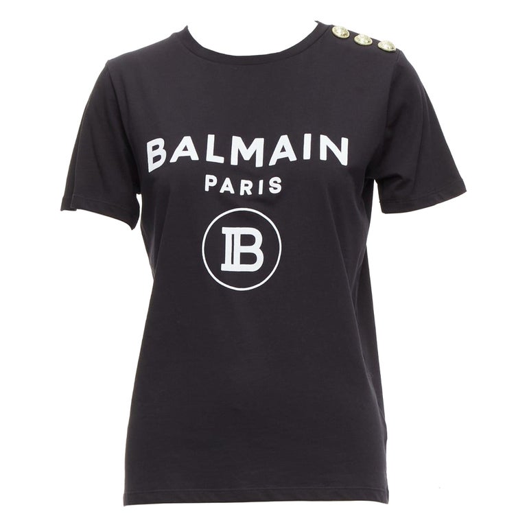 BALMAIN black white B logo gold military buttons tshirt FR34 XXS 