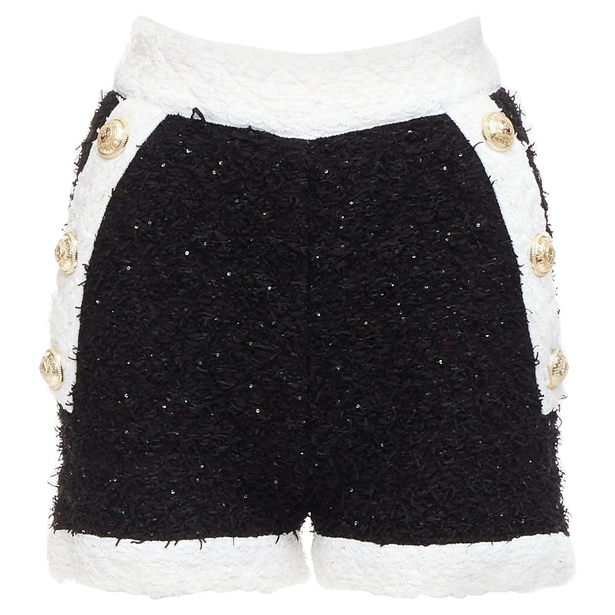 BALMAIN black white sequins tweed gold buttons zip high waisted shorts FR34 XS For Sale