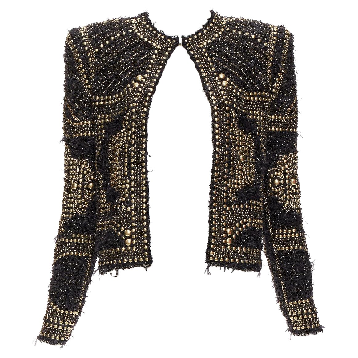 BALMAIN  2022gold black boucle tweed gold studded power shoulder jacket FR34 XS For Sale