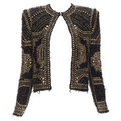 BALMAIN  2022gold noir boucle tweed clouté or veste à épaulettes FR34 XS