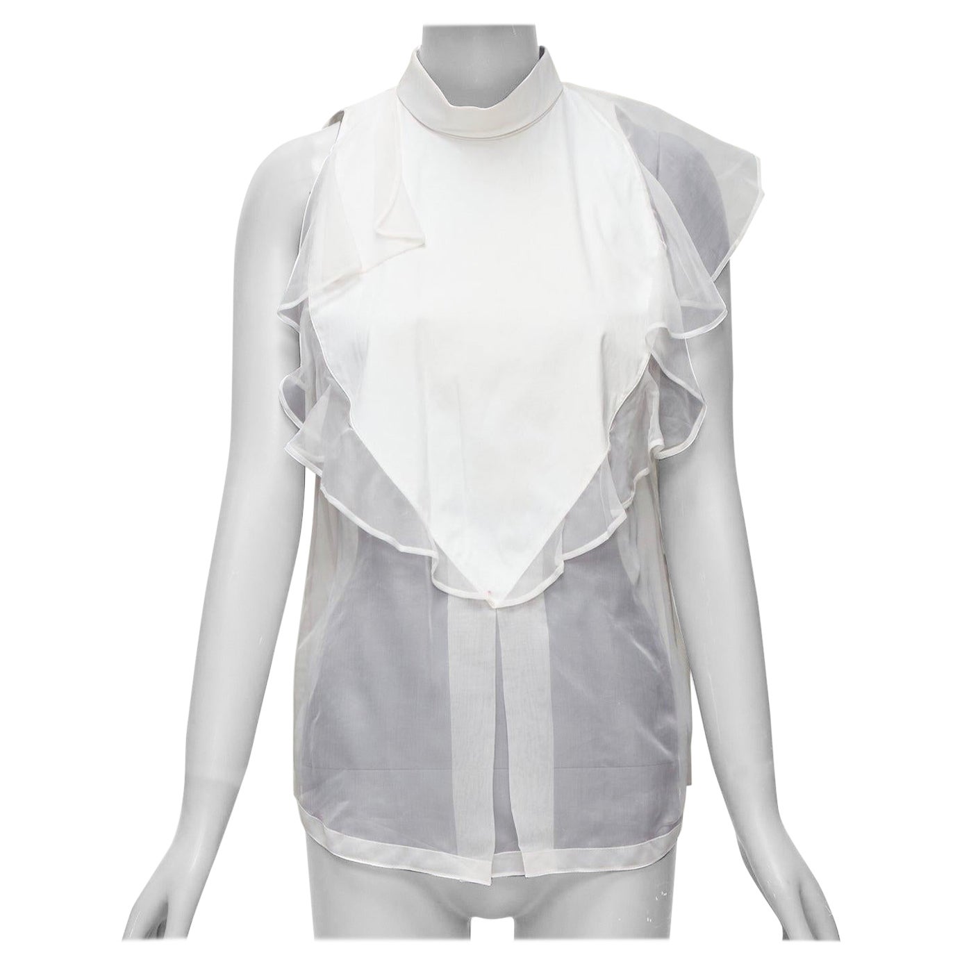 GIVENCHY white silky sheer ruffles front hi neck collar sleeveless shirt For Sale