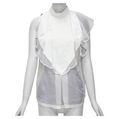 Givenchy - Chemise sans manches en soie blanche à volants sur le devant et col montant