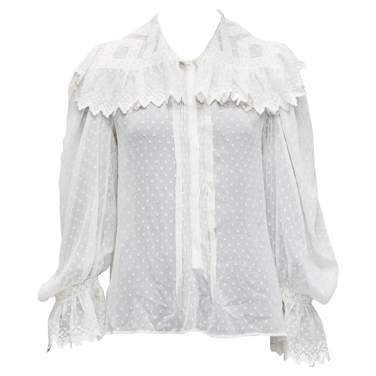 ETRO white textured plisse ruffle collar cuff boho peasant blouse IT38 XS For Sale