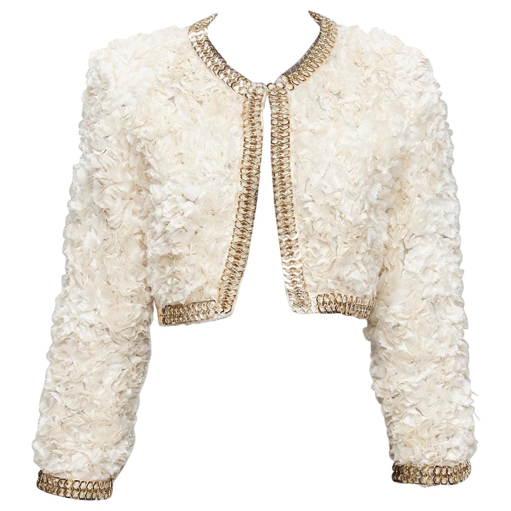 GIVENCHY 100% silk cream applique ruffle gold brass chain cropped jacket S For Sale