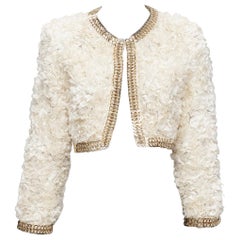 GIVENCHY 100% silk cream applique ruffle gold brass chain cropped jacket S
