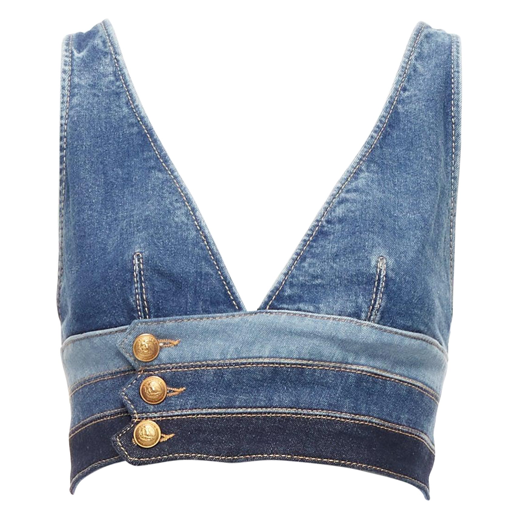 DSQUARED2 blue denim gold military button trio waistband bralette top IT38 XS For Sale