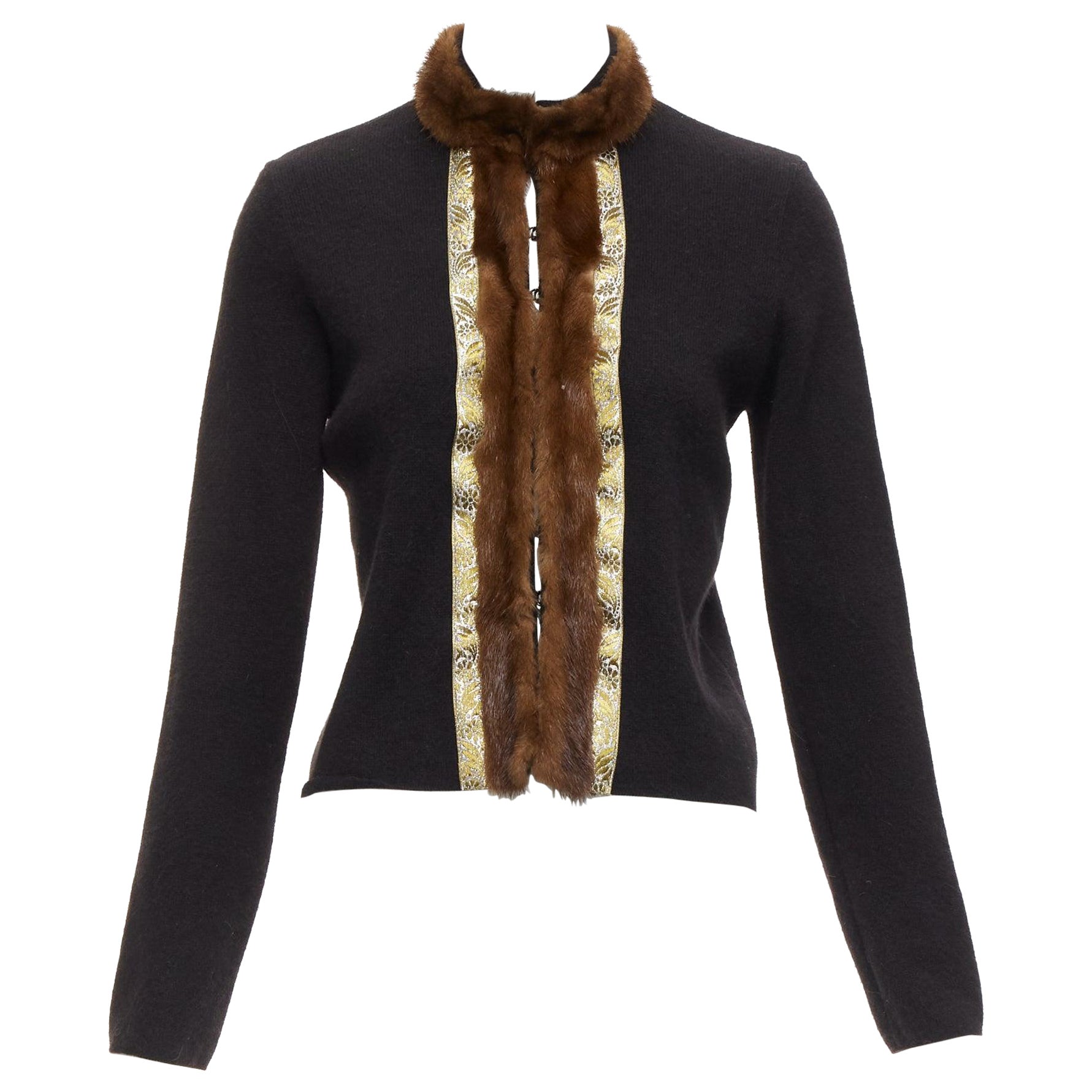 ETRO brown fur collar gold applique trim black wool cardigan IT42 M For Sale