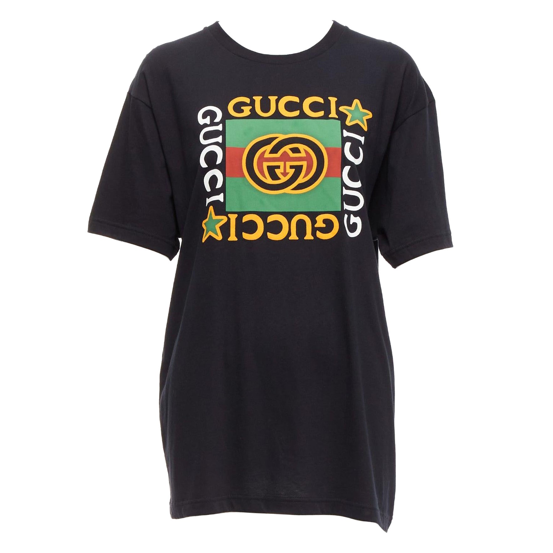 GUCCI Schwarzes langes entspanntes Vintage GG Box Logo Baumwoll-Tshirt XXS im Angebot