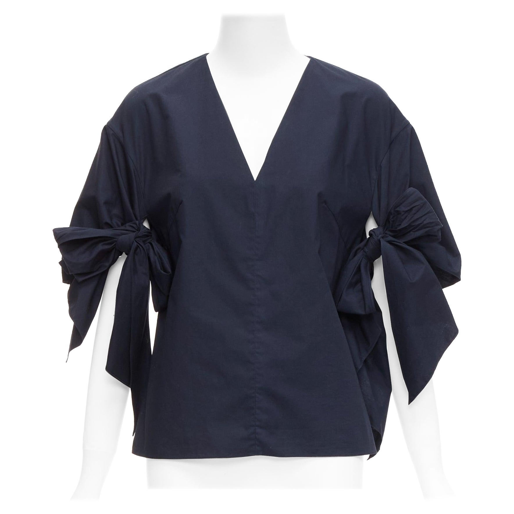 DELPOZO navy cotton knot tie sleeves V neck relaxed top FR36A S For Sale