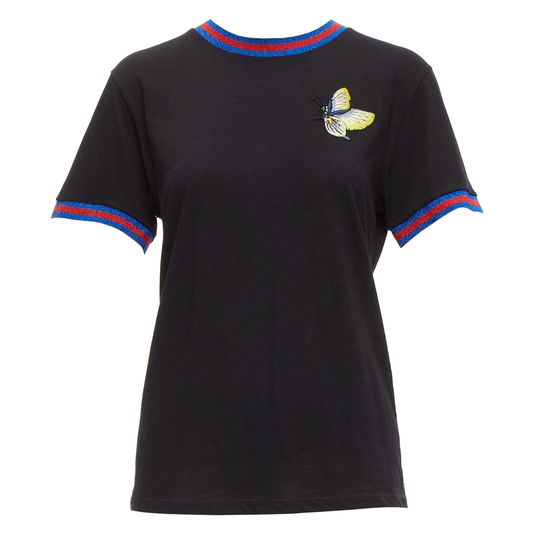 GUCCI Schwarzes gelbes Hemd mit Schmetterlingsstickerei Patch in Blau und Rot aus Netz XS im Angebot