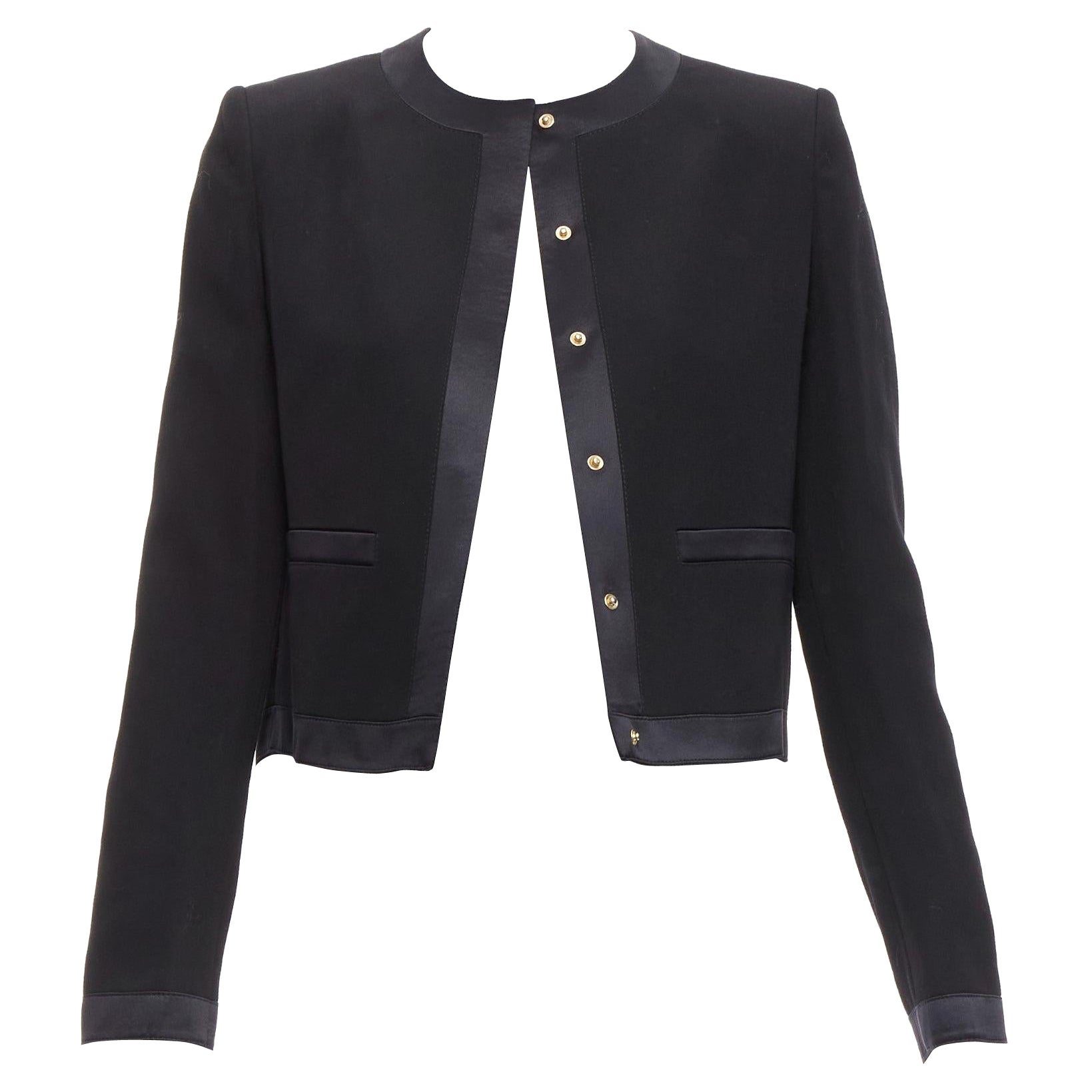 GIVENCHY black wool silk trim high low hem minimal classic jacket FR38 M For Sale