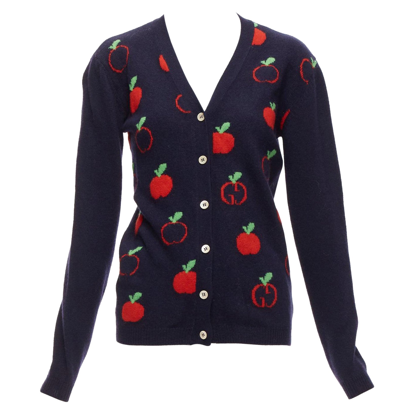 GUCCI Kids 100% wool navy red apple GG logo cardigan sweater 12Y XS