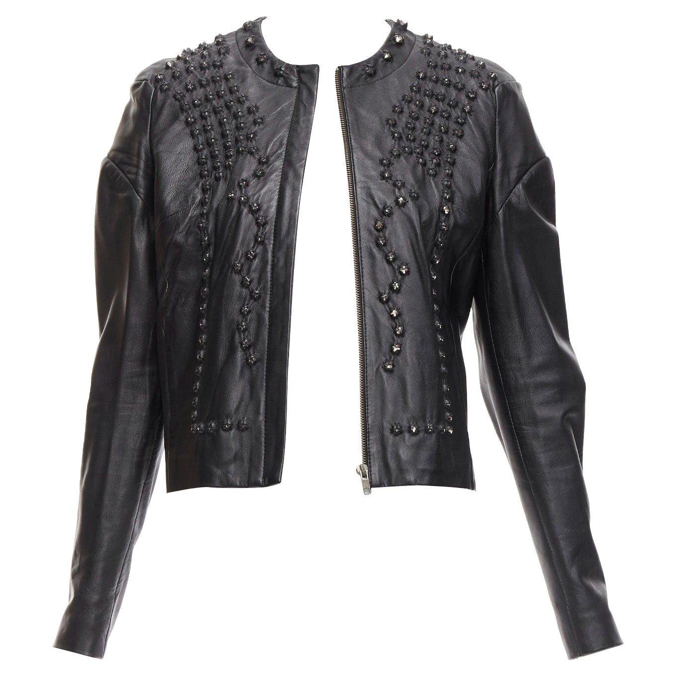 GIVENCHY black sheepskin clear crystal studded cropped leather jacket FR38 M For Sale
