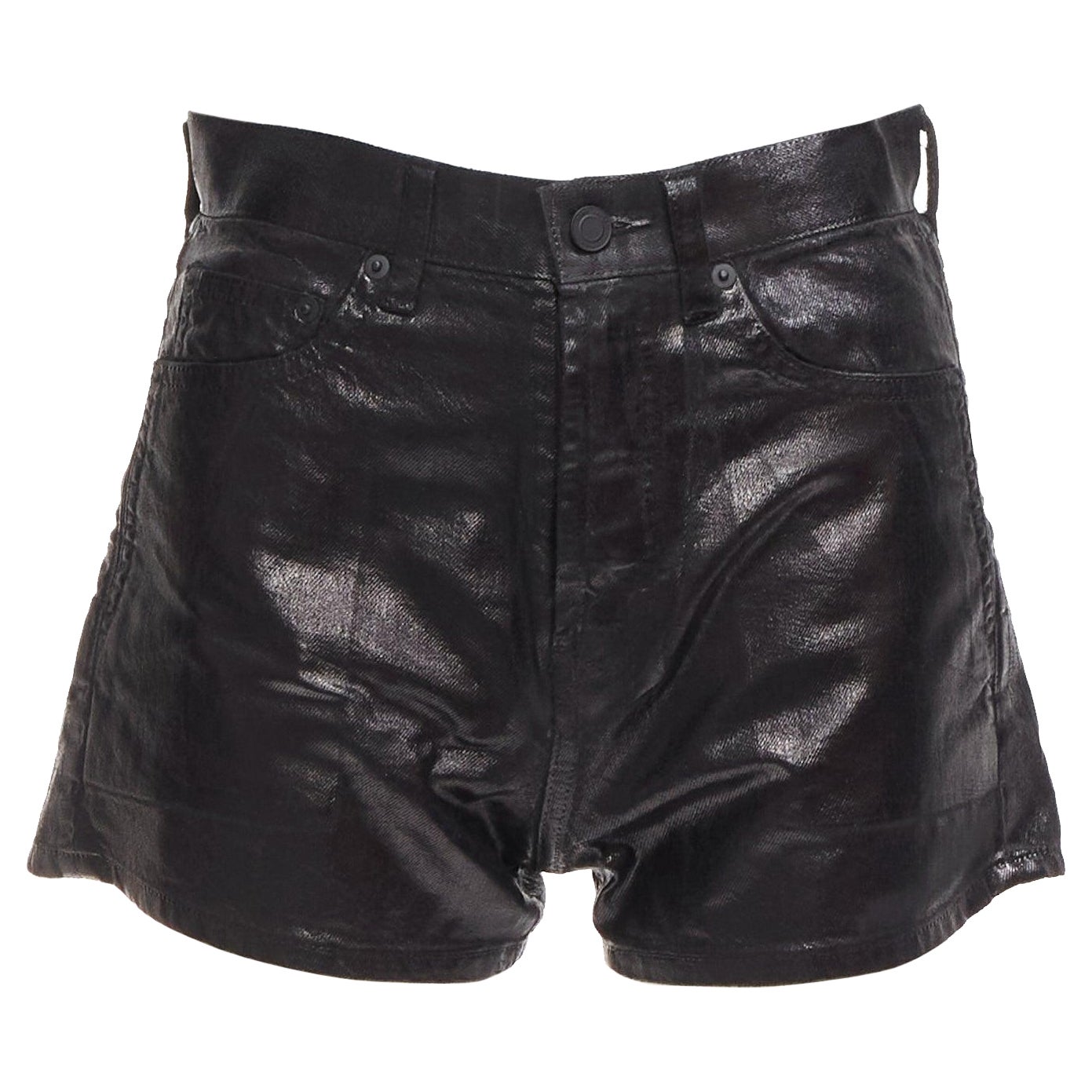 SAINT LAURENT 2020 black coated cotton high waisted wide leg shorts 26" For Sale