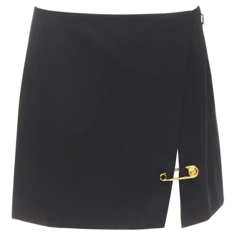 VERSACE black wool gold Medusa safety pin high slit mini skirt IT42 M For Sale
