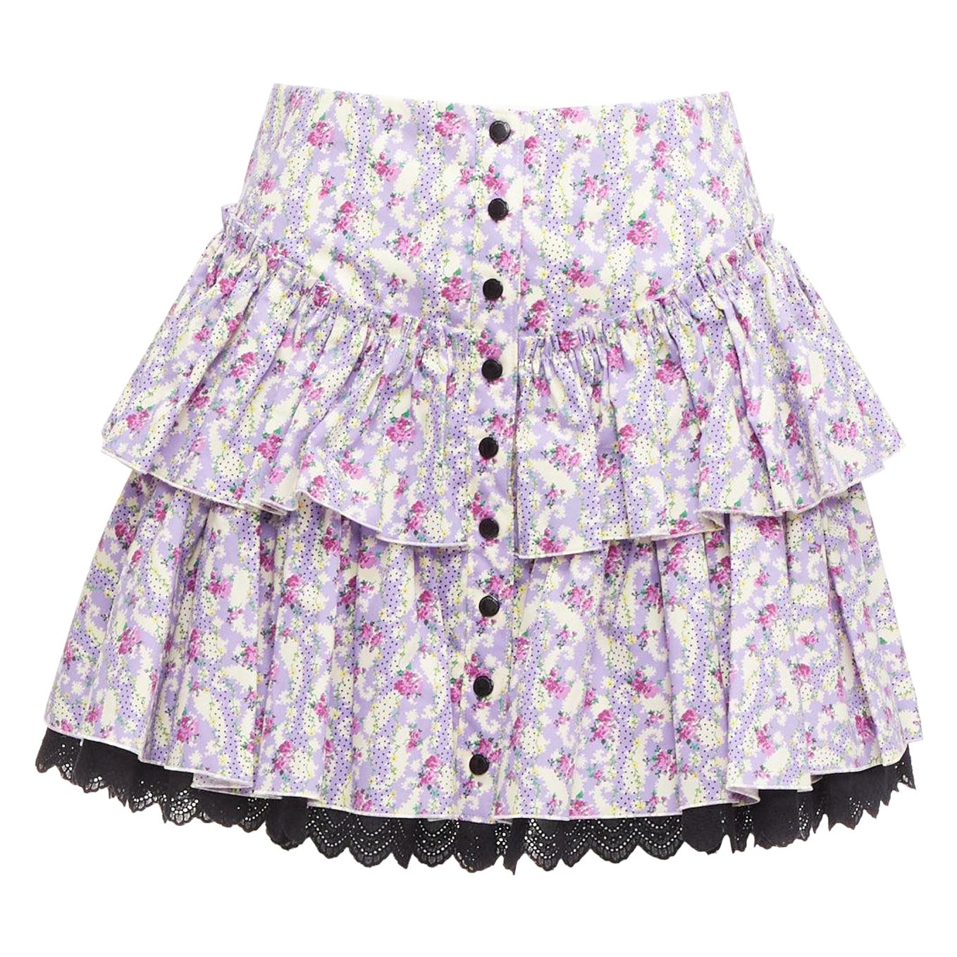 MARC JACOBS Mini Prairie Skirt purple floral print black lace trim tiered US0 XS For Sale