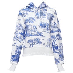 MOSCHINO Anime Toile De Jouy Blau-weißer Hoodie-Pullover mit Fransenbesatz IT36 XXS