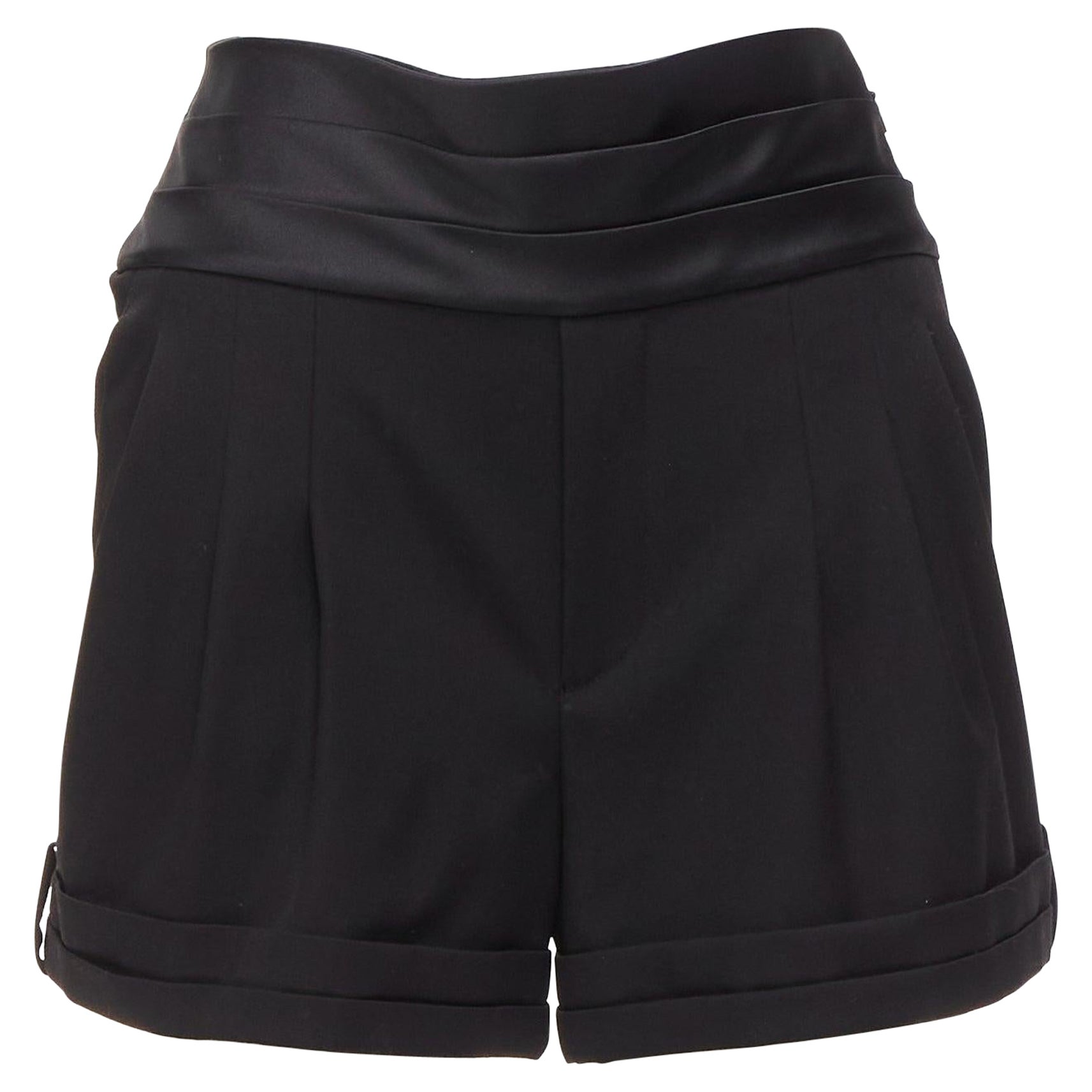 SAINT LAURENT 2019 black virgin wool cumberband high waist shorts FR36 S For Sale