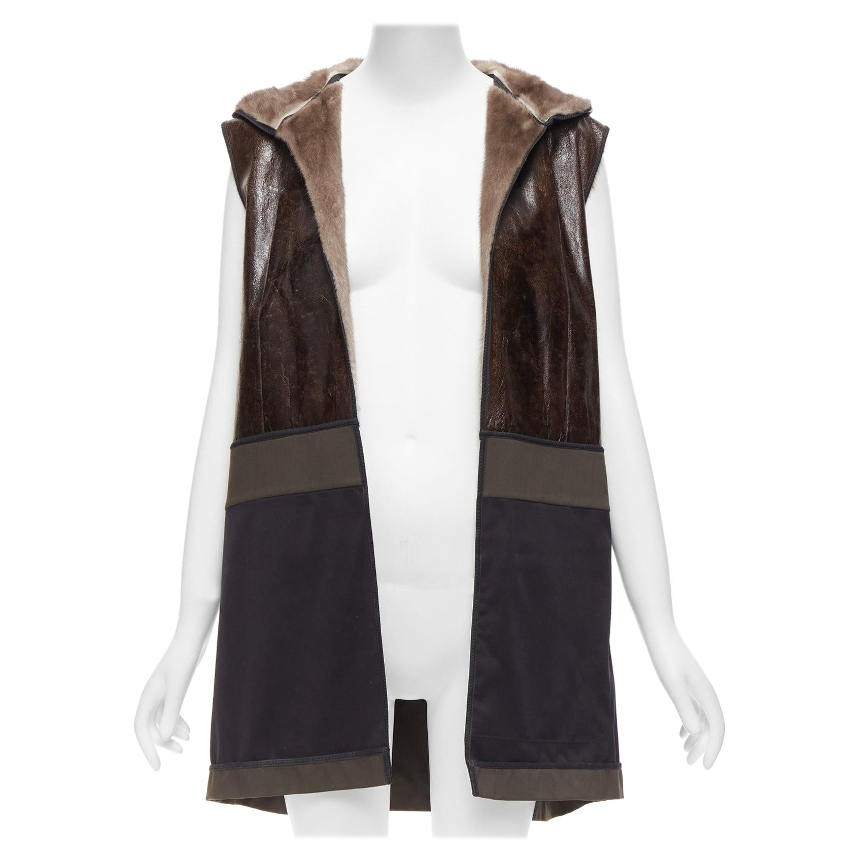 MARNI Mink Gilet Reversible brown colorblocked textured fur hooded vest IT40 S For Sale