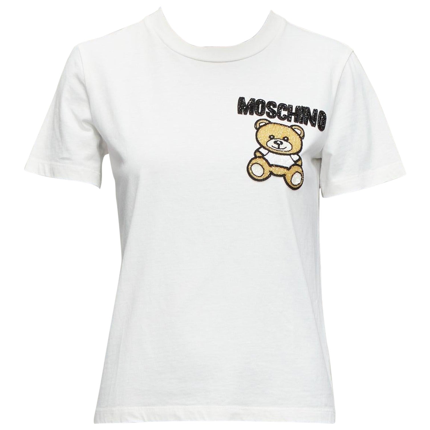 MOSCHINO white black brown beaded embroidery bear short sleeve tshirt IT38 XS For Sale