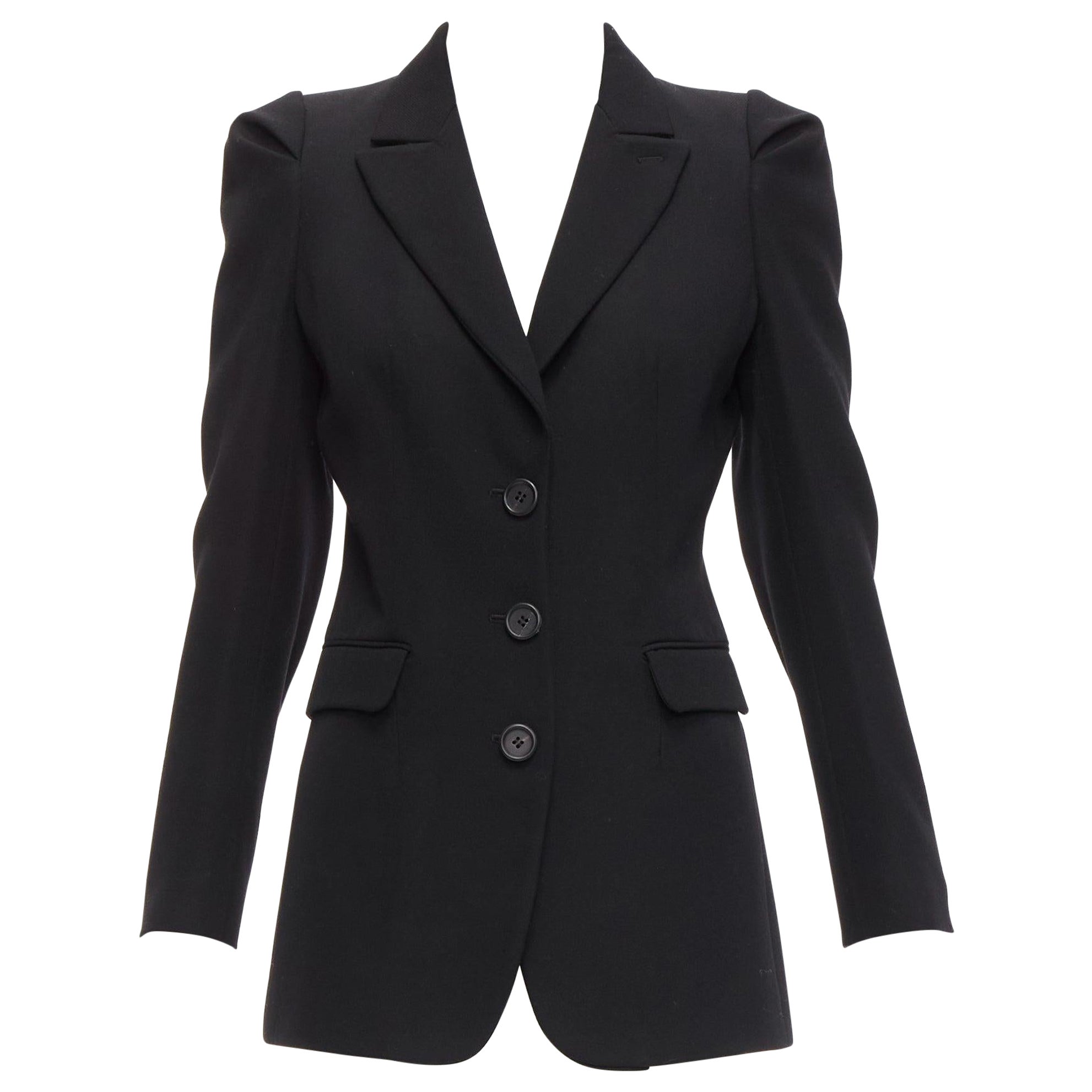 PRADA 2009 black virgin wool puffed shoulder fitted formal blazer IT38 XS For Sale