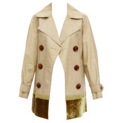 LOUIS VUITTON khaki coated linen velvet hem double breasted trench coat FR36 S
