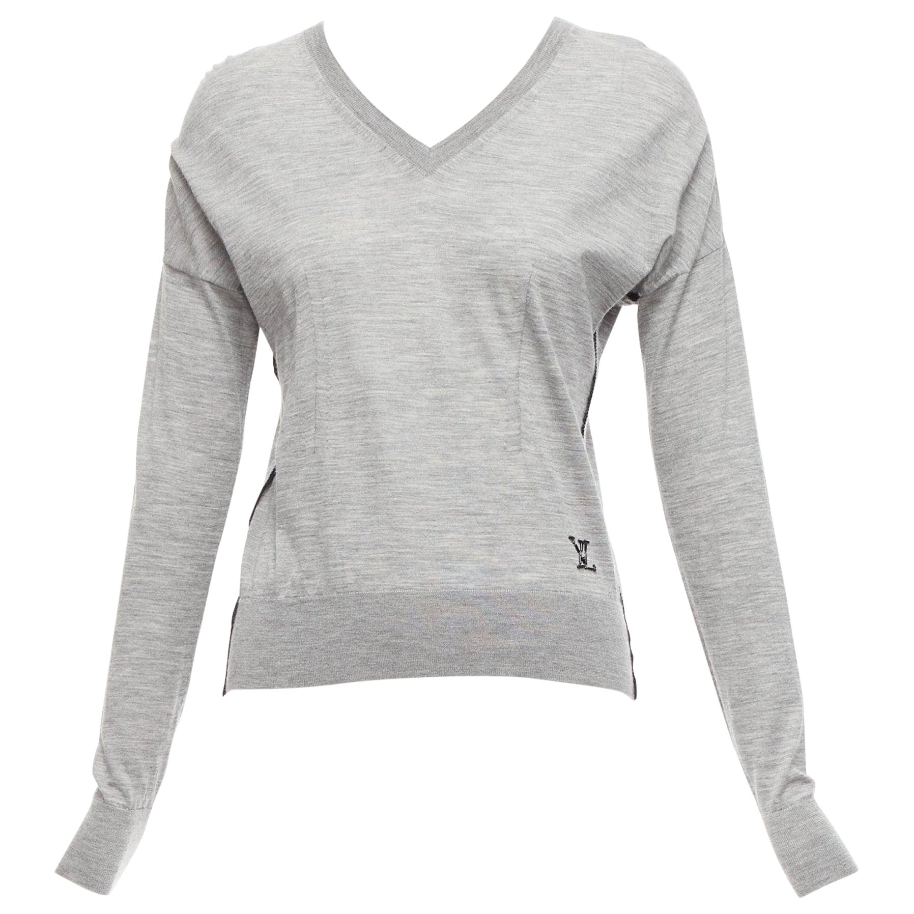 LOUIS VUITTON grey soft knit black beaded LV logo V neck pullover top For Sale