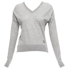 LOUIS VUITTON grey soft knit black beaded LV logo V neck pullover top