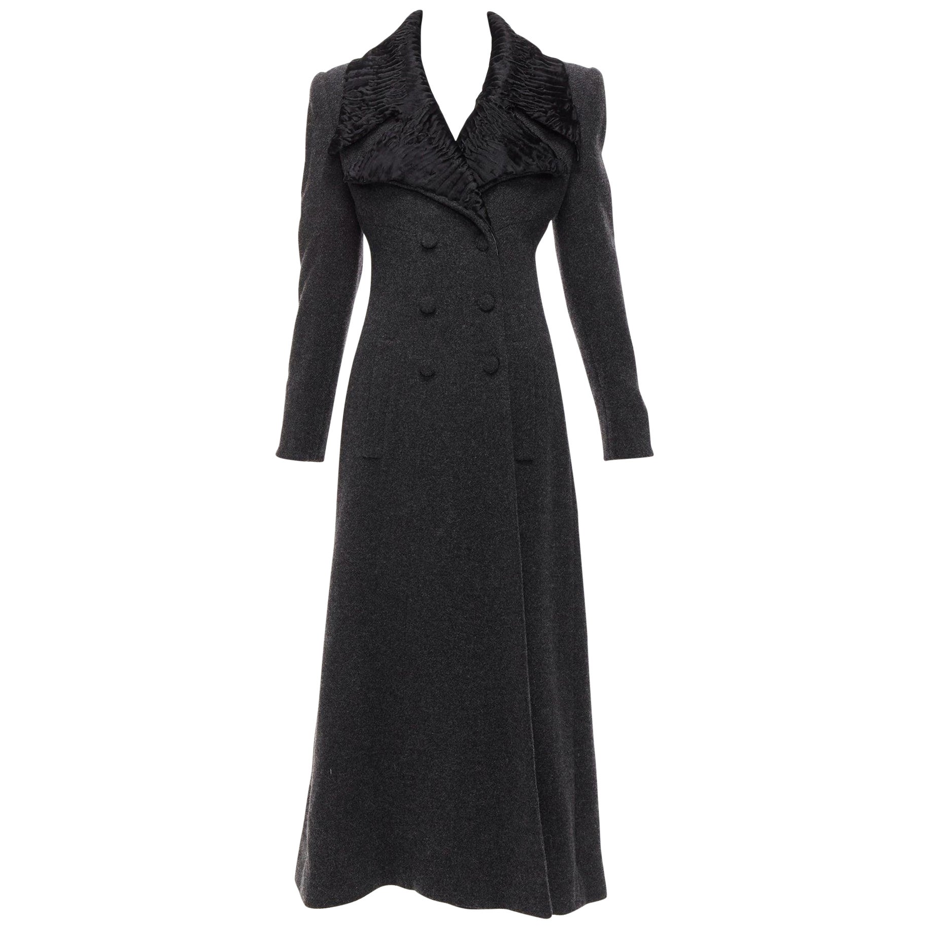 FENDI Vintage Astrakhan fur collar grey virgin wool blend longline coat IT42 M For Sale