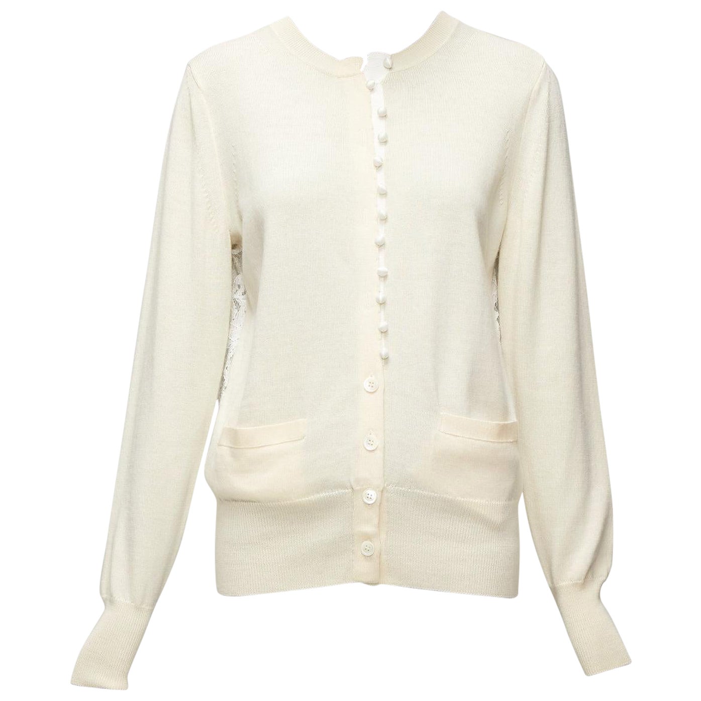 SACAI LUCK cream 100% wool flared lace back wrapped buttons cardigan JP3 L For Sale