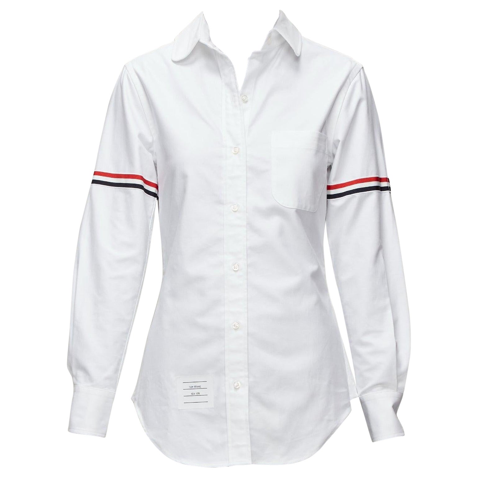 THOM BROWNE white cotton stripe grosgrain arm band dress shirt IT38 XS For Sale