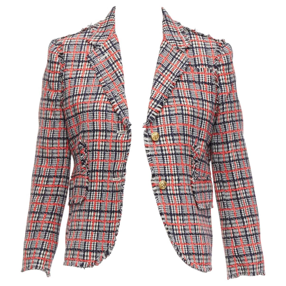 THOM BROWNE red checked wool cotton tweed button silk lined blazer jacket JP3 L For Sale