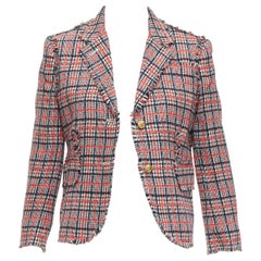 THOM BROWNE Veste blazer à carreaux rouges en laine, tweed de coton et soie doublée de boutons JP3 L