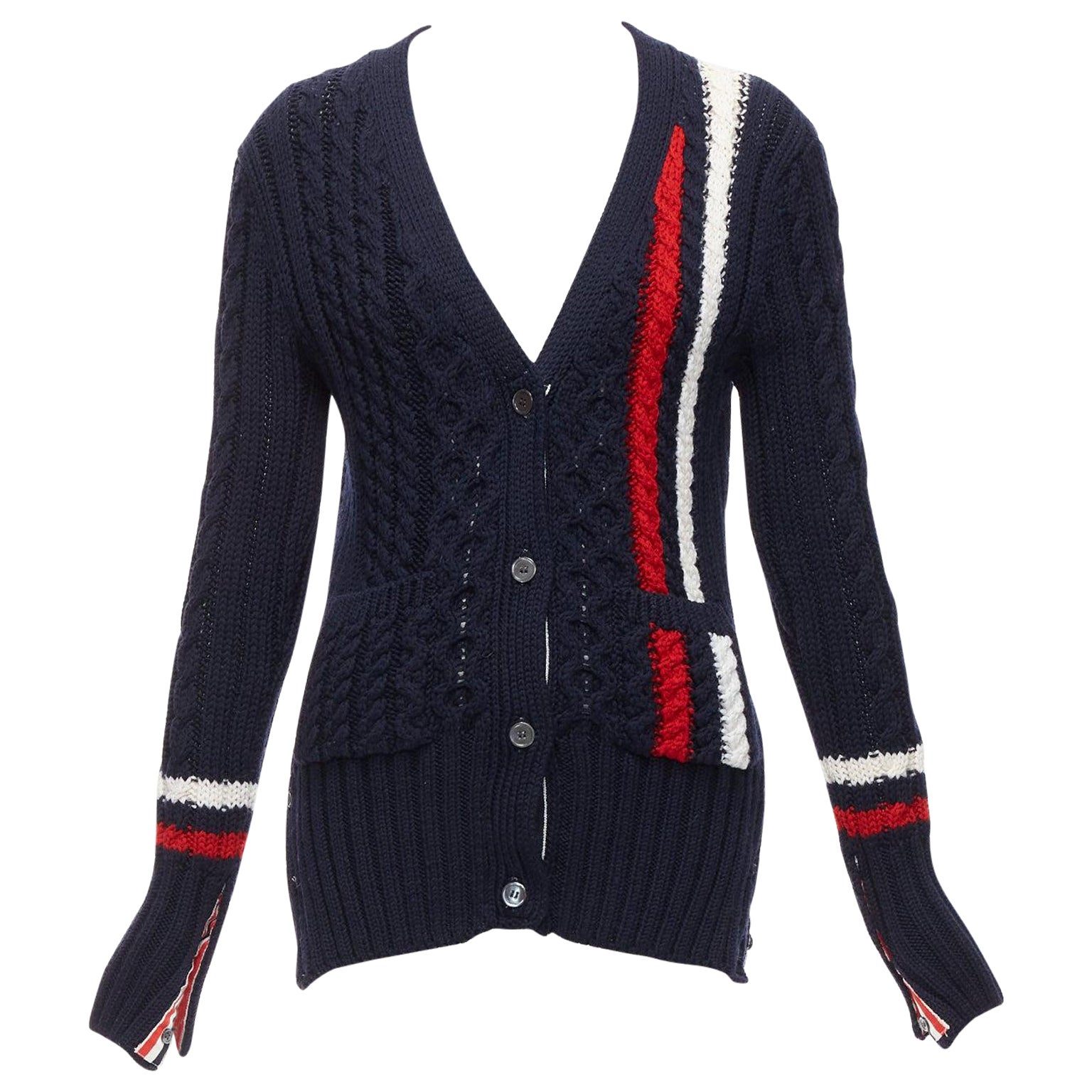 THOM BROWNE navy red white wool aran cable knit cardigan sweater IT40 S For Sale