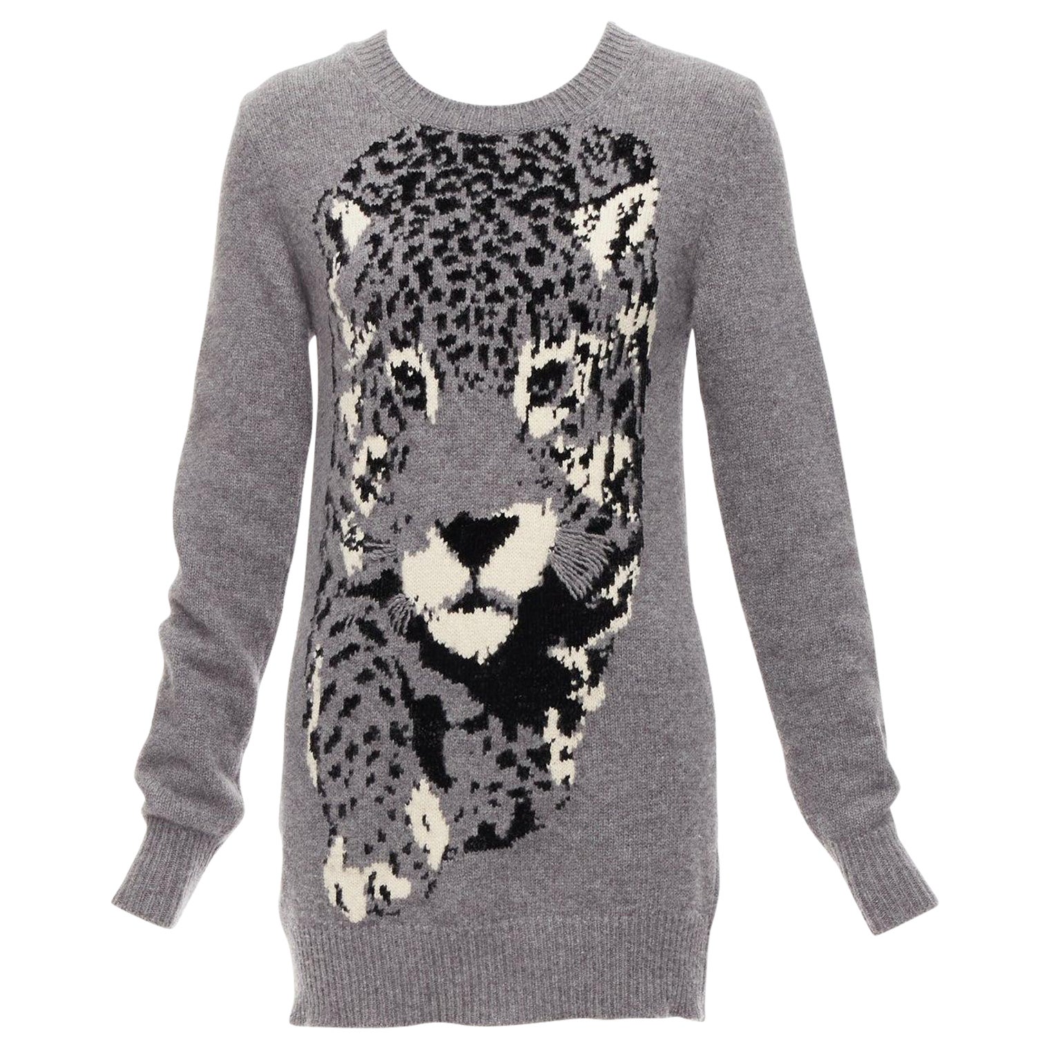 STELLA MCCARTNEY grey black cream leopard intarsia crew neck knitted dress For Sale