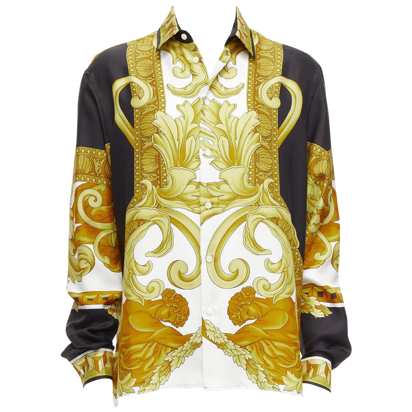 VERSACE 100% silk Renaissance Barocco gold black white print shirt IT52 XL For Sale