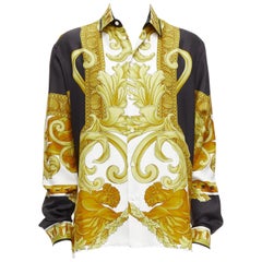 VERSACE 100% Seide Renaissance Barocco Hemd mit Gold-Schwarz-Weiß-Druck IT52 XL
