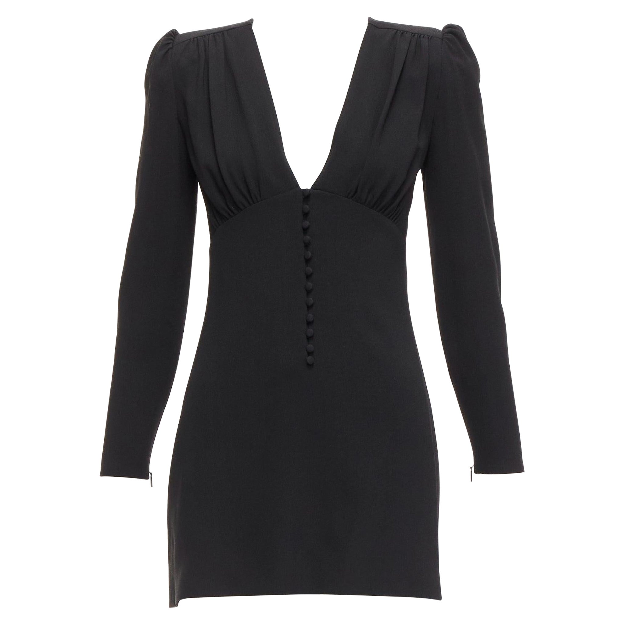 SAINT LAURENT 2022 black deep V neck wrapped buttons mini dress FR34 XS For Sale