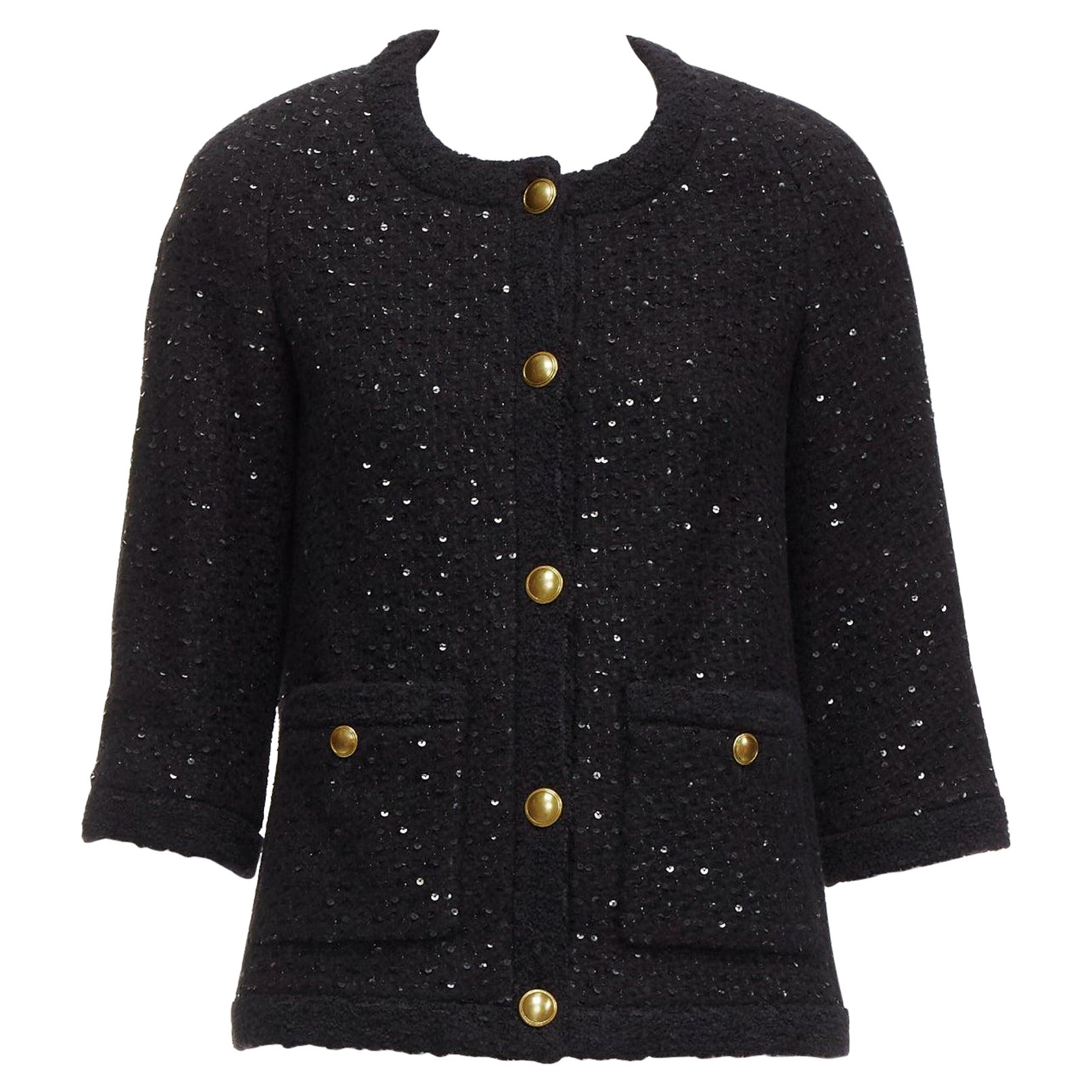 SAINT LAURENT 2021 black wool sequinned tweed gold button jacket FR34 XS For Sale