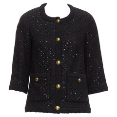 SAINT LAURENT 2021 black wool sequinned tweed gold button jacket FR34 XS