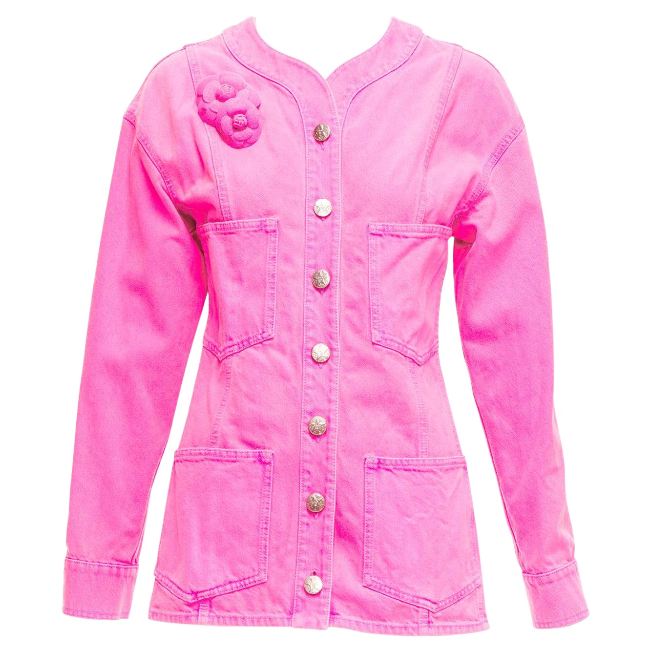 CHANEL 2021 neon pink cotton denim CC logo camellia embellished jacket FR34 XS For Sale