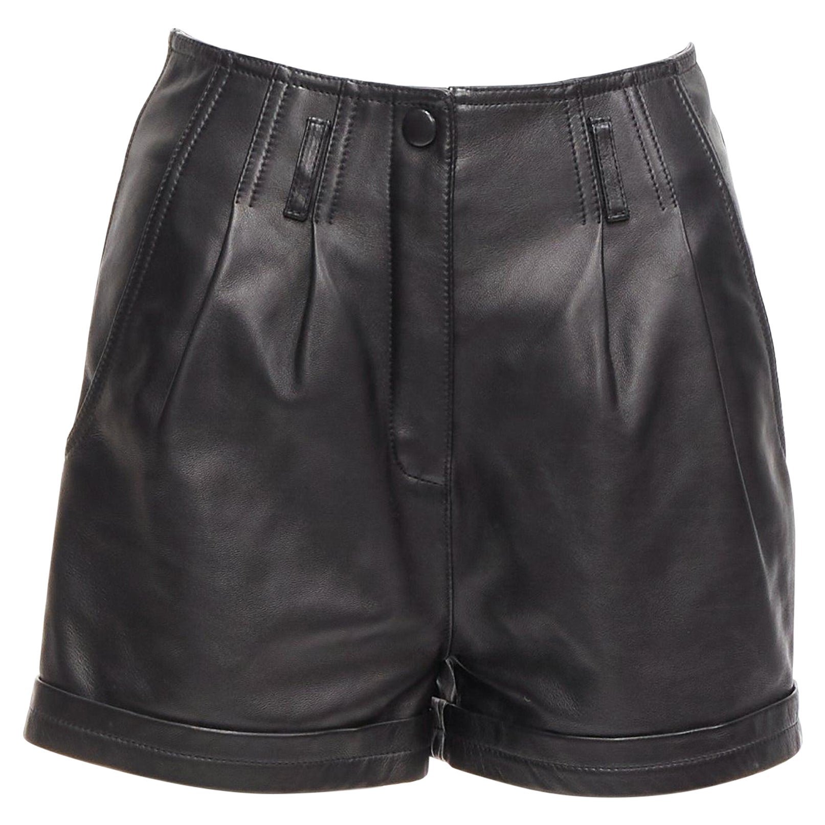 SAINT LAURENT 2020 black lambskin leather high waist pleated wide shorts FR34 XS For Sale